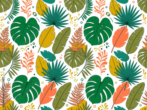 Vibrant tropical leaves fill the frame in an illustration.