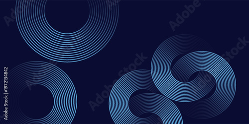 Abstract blue glowing geometric lines on dark blue background. Modern shiny blue circle lines pattern. Futuristic technology concept.