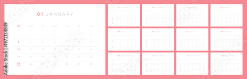 2027 Monthly Calendar template set. Clean minimal calendar for 2027 in pink coral landscape format. Week starts on Sunday.