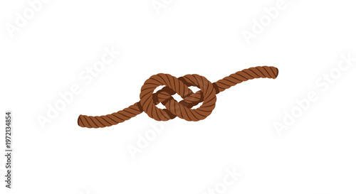 A sturdy brown braided rope is meticulously tied into a tight nautical knot and positioned horizontally across the center of a clean white background in even studio lighting.