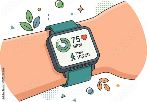 A smartwatch displays vital signs on a person's wrist surrounded by decorative elements.