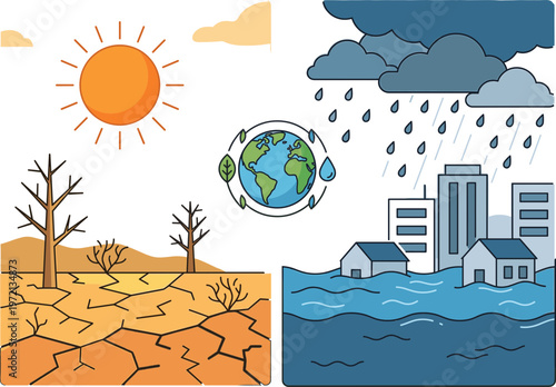 Climate change causes drought and flooding worldwide affecting earth