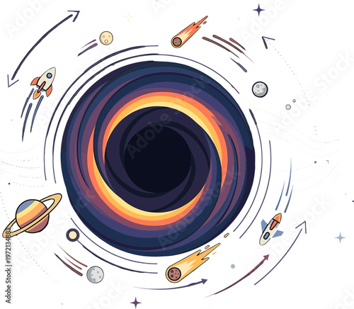 A vibrant illustration of planets and spaceships orbiting a swirling black hole in space.