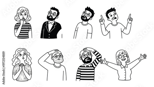 Black & White Hand-Drawn Cartoon People Set with Diverse Expressions, Reactions & Gestures