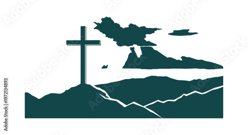 Christian Cross on Hill Silhouetted Mountain Landscape Vector Graphic for Religion and Spirituality