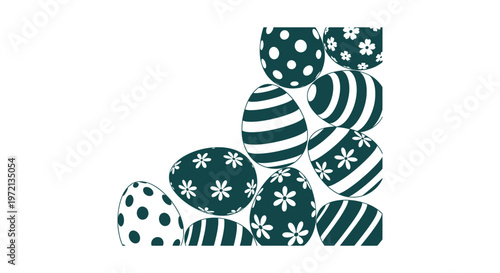 Dark Teal Easter Egg Corner Border Vector Illustration with Floral and Striped Decorative Patterns.
