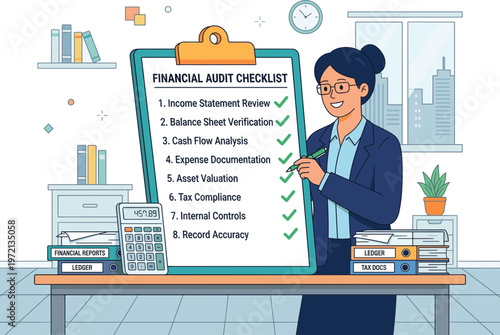 Expert Accountant Completes Financial Audit Checklist, Ensuring Business Compliance and Fiscal Accuracy with Thorough Review and Verification Process