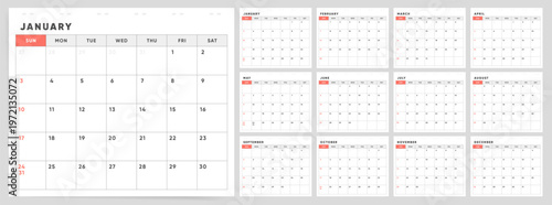 2027 Monthly Calendar template set. Clean minimal calendar for 2027 with red Sunday highlight in landscape format. Week starts on Sunday.
