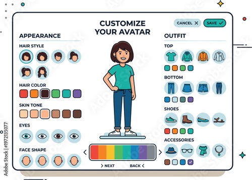 Comprehensive digital user interface for creating and personalizing an individual's online avatar, offering extensive options for appearance, hair, face, skin tone, and clothing style customization