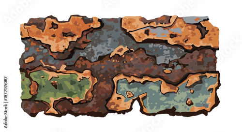 A rectangular slab of heavily oxidized metal displays a complex pattern of flaking orange rust and weathered green paint against a stark white background.