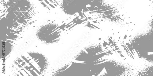 Abstract textured gray and white grunge pattern, creating an intriguing visual with paint brush strokes and splatters.