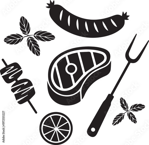 Set of black silhouettes of barbecue and grill food items. steak, sausage, skewer, fork, lemon, basil.