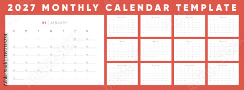2027 Monthly Calendar template set. Bold coral red calendar for 2027 with clean white pages in landscape format. Week starts on Sunday.