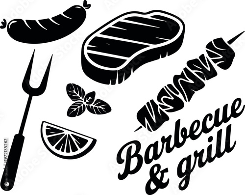 Set of black silhouettes of barbecue and grill food. steak, sausage, skewer, fork, lemon, basil, text.