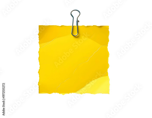 Blank yellow torn paper note with metal paperclip on transparent background. Realistic yellow ripped paper scrap template with binder clip and copy space. Yellow memo sheet with paper clip for office 