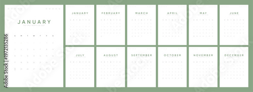2027 Calendar layout. Fresh green calendar pages. Week Starts on Sunday.