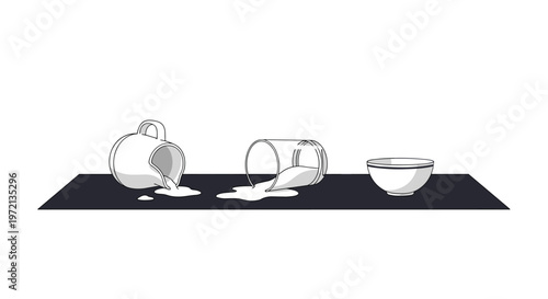 A white ceramic pitcher and a clear glass lie tipped over on a dark horizontal surface while spilling fresh white milk beside a small porcelain bowl.