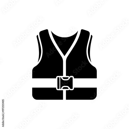 A stark black and white depiction of a life vest emphasizing safety and water recreation silhouette
