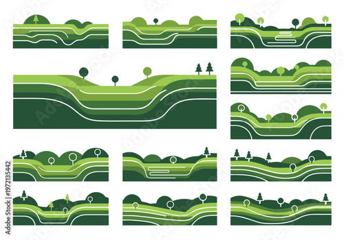 Collection of green landscape cross-sections featuring rolling hills, trees, and layered terrain, ideal for illustrating environmental concepts and geographical features.