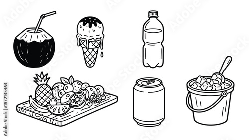 Refreshing Summer Food & Drink Outline Icons Set. Coconut, Ice Cream, Fruits, Water Bottle, Soda Can, Ice Bucket.