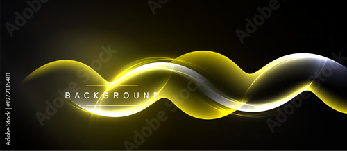 Abstract yellow waves over black background. Bright light effects create dynamic, modern visual. Smooth curves suggest energy, motion.