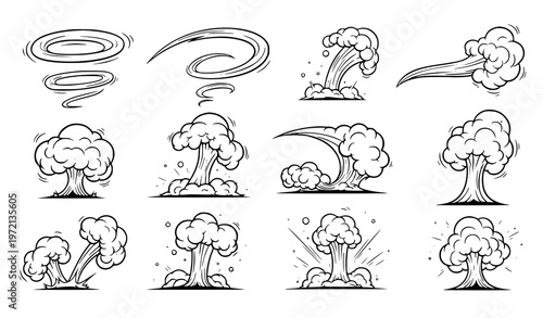 Dynamic comic smoke and steam cloud vector set hand-drawn cartoon silhouettes