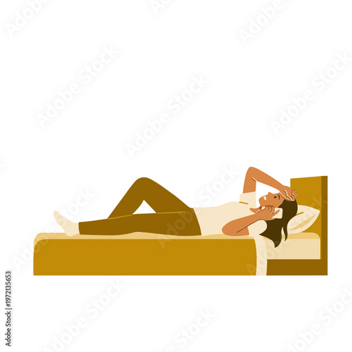 Woman lies on bed resting with phone in hand