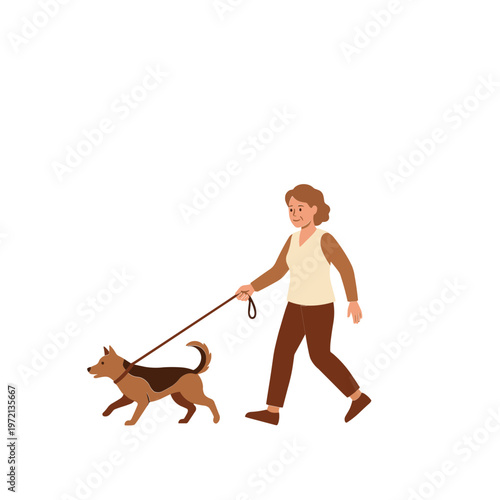 Woman walks her dog outside on a leash in a park.