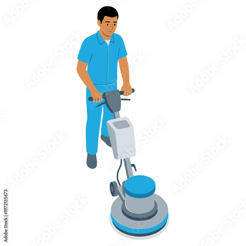 A man in blue overalls operates a floor polishing machine indoors.