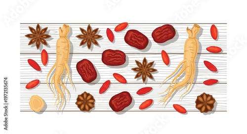 Meticulously arranged ginseng roots and dried red dates lie alongside star anise on a rustic white wooden tabletop under bright even studio lighting.