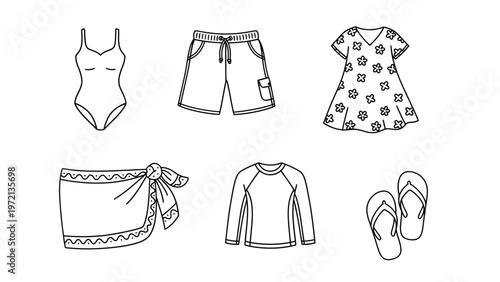 Swimwear and Beachwear Outline Icons Set. Summer Vacation Clothing Line Art Collection. Beach Fashion Essentials.