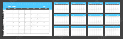 2027 Calendar template. Bright blue calendar design. Week Starts on Sunday.