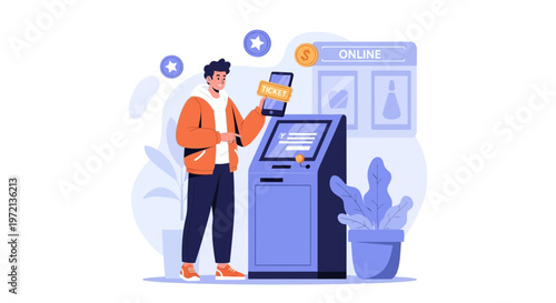 Man using self-service kiosk for online ticket purchase with smartphone