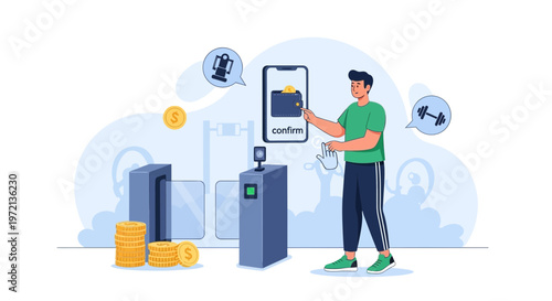 Man using smartphone app for contactless payment at gym turnstile with coins and wallet icon