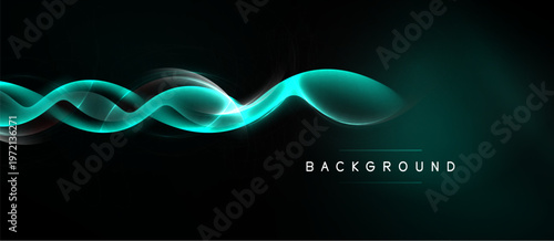 Abstract flowing lines, teal glow, dark background. Modern design element, smooth curves, dynamic composition. Simple text label below waves.
