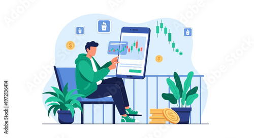 Man using smartphone for stock trading, financial growth, online investment, cryptocurrency concept