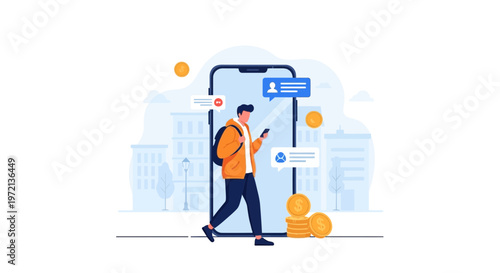 Man walking with smartphone and money coins, mobile banking and online payment concept
