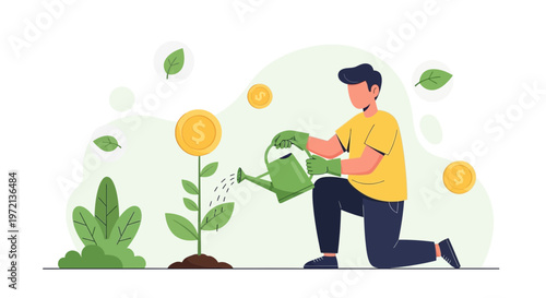 Man watering money tree, growing investment, financial growth, business concept, illustration