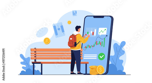 Man with backpack using smartphone for stock market analysis on bench, financial growth concept