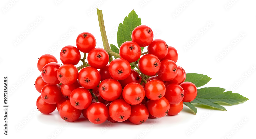 Obraz premium A vibrant cluster of red berries with green leaves on a white background isolated on white background