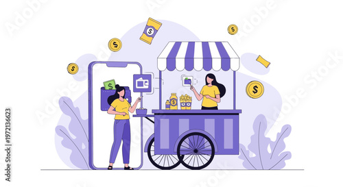 Online shopping, mobile payment, street food cart, digital transaction, e-commerce concept