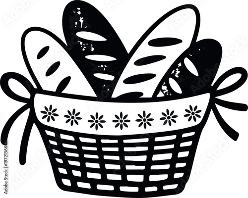 Black and white vector illustration of bread basket with baguettes and decorative floral patterns.