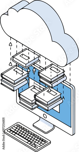 Isometric Illustration of Cloud-Based Digital Library and Online Education Concept with Books Syncing to Computer