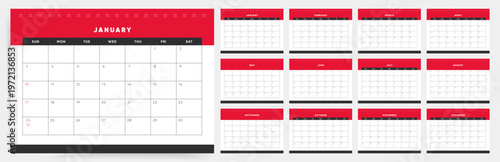 2027 Calendar template. Bold red calendar design. Week Starts on Sunday.