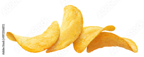 Delicious crispy potato chips stacked together, isolated on cutout transparent background