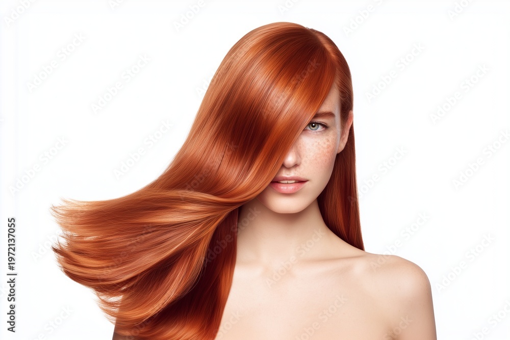 Naklejka premium young woman with long shiny straight red hair isolated on white