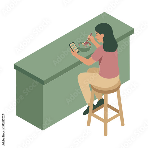 Woman sitting at a counter eating food and using phone indoors