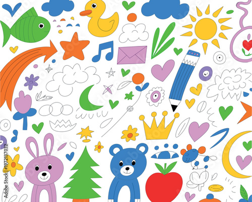 Childish doodles collection with cute animals and nature elements for scrapbooking and decoration.