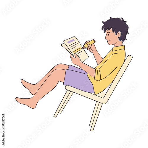 A person is sitting on a chair reading a book and taking notes.