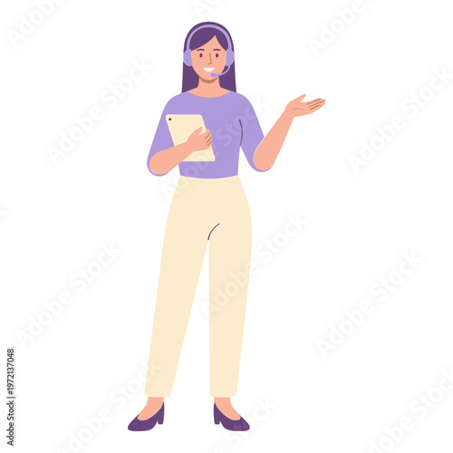 Woman presents information with a tablet in her hand standing indoors.